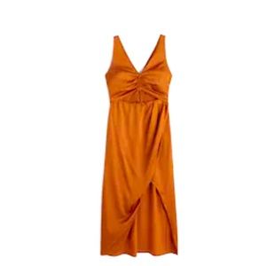 Abercrombie Women's Cinch-Front Satin Midi Dress color: paprika size: XSP